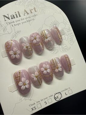 Sparkling Pink Floral Press-On Nails Medium